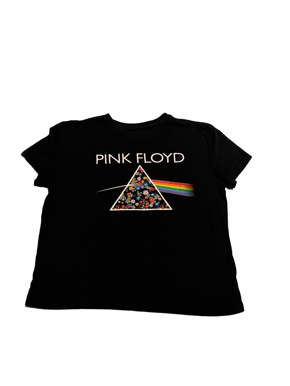 Pink Floyd Dark Side of The Moon Embroidered Flower Triangle Black Tee S